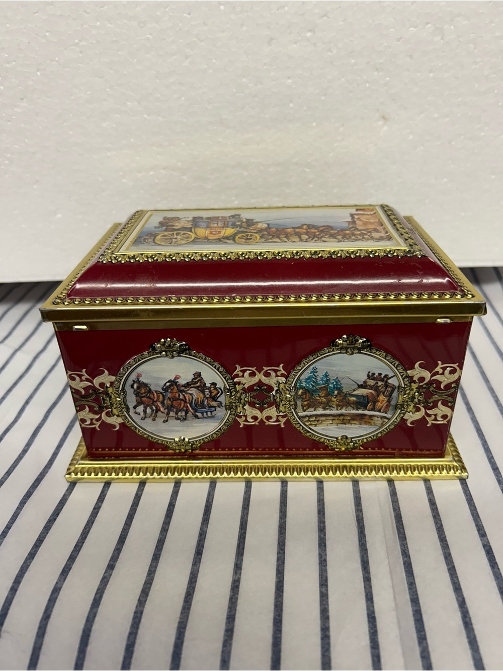 Ornate Red Decorative Tin Box with Vintage Scene